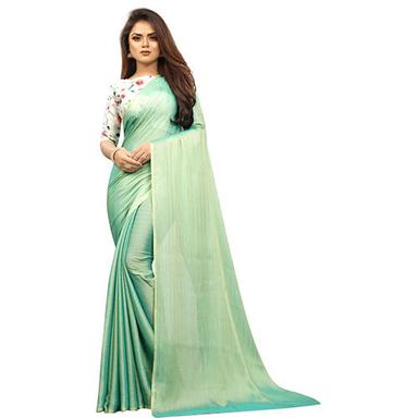 Formal Light Green Chiffon Stripped Sari With Unstitched Blouse