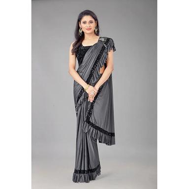 Gray Grey Ready To Wear Lycra Blend Solid-Plain Sari With Unstiched Blouse