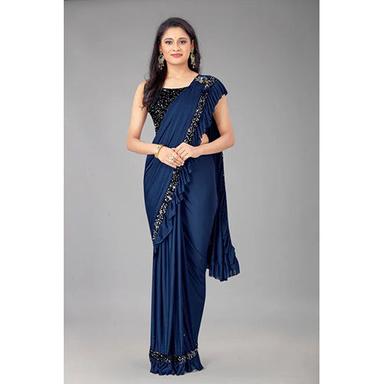 Plain Dark Blue Ready To Wear Lycra Blend Solid-Plain Sari With Unstiched Blouse