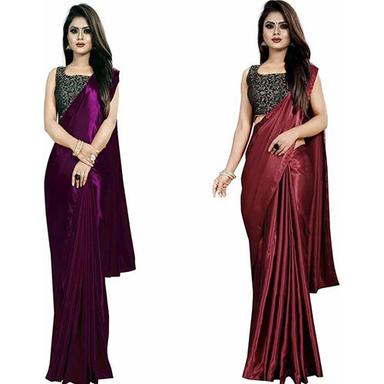 Party Wear Purple And Maroon Satin Solid-Plain Pack Of 2 Sari With Unstiched Blouse