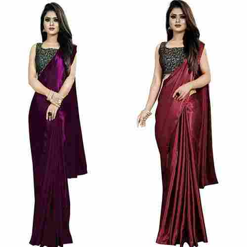 Purple and Maroon Satin Solid-Plain Pack of 2 sari with Unstiched Blouse