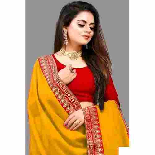 Yellow Georgette Printed and Embroidered sari with Unstiched Blouse