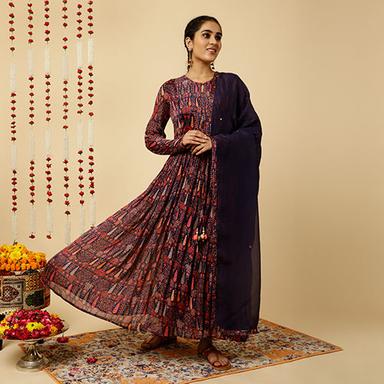 Different Available Purple Tribal Printed Flared Kurta With Dupatta