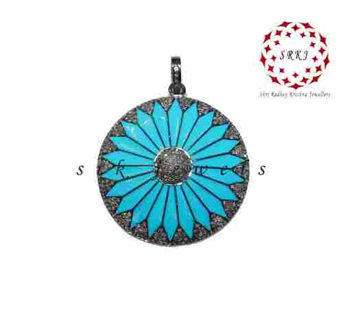 925 Starling silver Handmade Pave Diamond Round Enamel Turquoise Pendant
