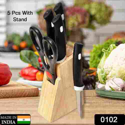KITCHEN KNIFE SET WITH WOODEN BLOCK AND SCISSORS (0102)