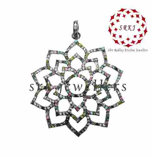 925 Starling silver Handmade Pave Diamond with Tourmaline Stone Flower Pendant