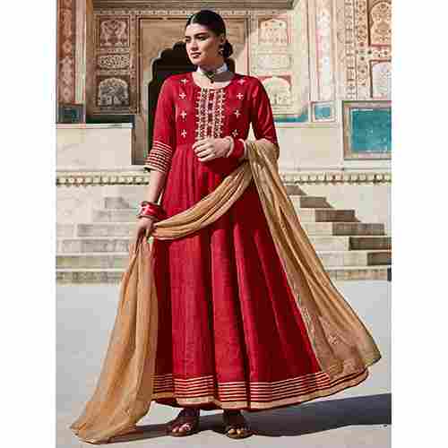 Maroon Silk Dobby Embroidered Anarkali Kurta With Silk Blend Trousers And Organza Embroidered Dupatta