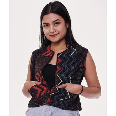 Multicolor Hand Quilted Crop Jacket With Pockets