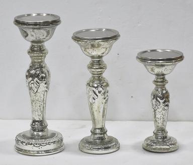 Set of 3 Silver Antique Glass Candle Holder