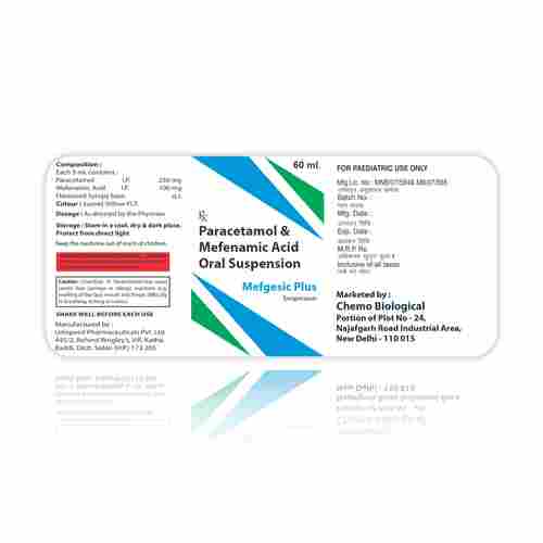 Mefenamic Acid 100mg + paracetamol 250mg per 5ml suspension