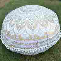 Cotton Ottoman Traditional HandPrint Mandala Gold Ombre Round Floor Cushion Cover