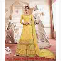 Yellow  Embroidered Designer Sharara Style Suit