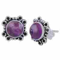Amethyst Natural Gemstone 925 Sterling Solid Silver Round Cabochon Stone Handmade Stud Earrings