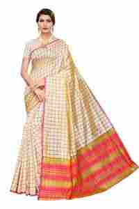 STYLISH BEIGE COLOUR IN COTTON SILK FABRIC WITH EMBLISHMENT OF DESIGNER WEAVING