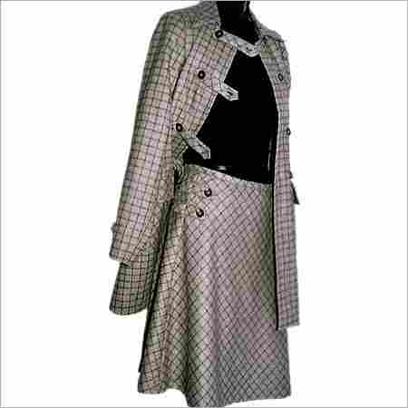 Checked Long Coat With Matching Skirt For Ladies