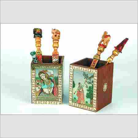 Wooden Pen Stand with Gemstone Painting