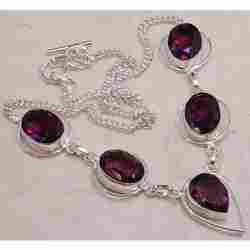 Metal Necklace With Dye Ruby Color Stone