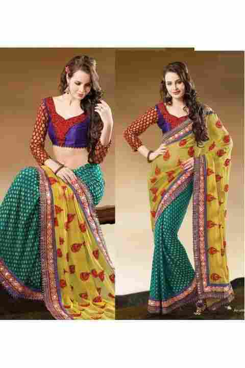 Marvelous Gold Color And Greenish Blue Embroidered Saree