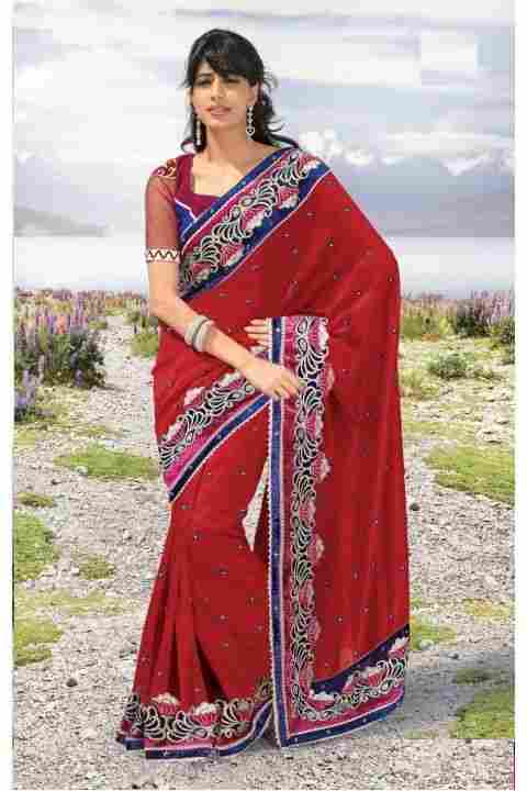 Tranquil Red Embroidered Saree