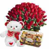 Basket of Red Roses with Chocolate and Teddy Bear