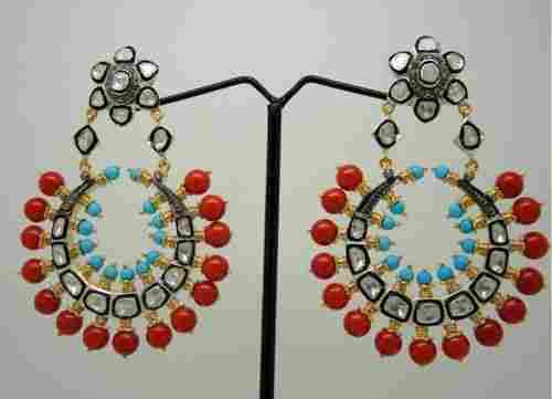 Coral-Turquoise Rosecut Diamond Earring Pair