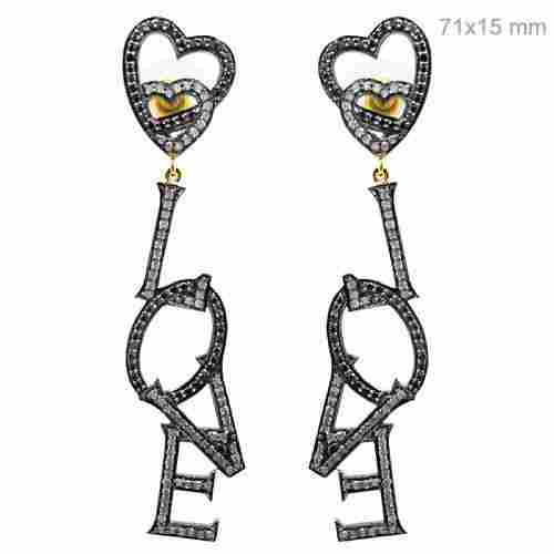 Designer Silver Pave Diamond LOVE Dangle Earrings