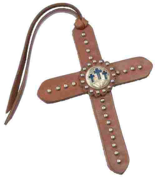 Tie On Leather Cross W/Silver Dots And 3 Cross Conch