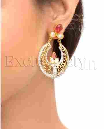 Gold And Crystal Earrings With Red And White Pearl