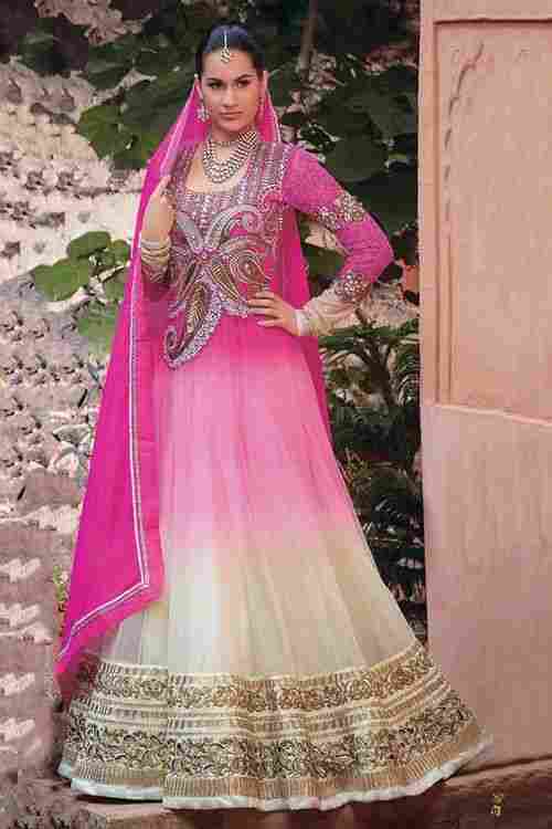 Georgette Floor Length Anarkali Suit in Cream and Pink Colour