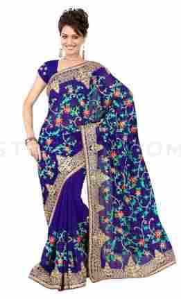 Blue Chiffon Designer Heavy Embroidered Jaal Saree