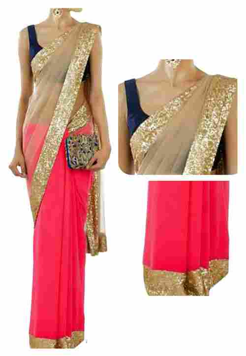 Designer Wear Pink With Golden Border Saree