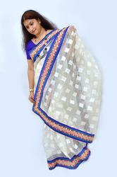 White Vibrant Sarees Giccha Silk With Heavy Embroidery Border Work