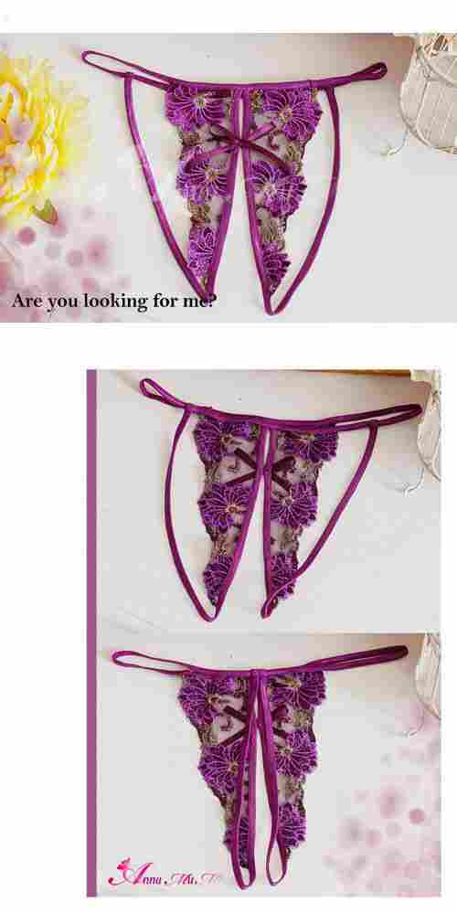 100% Polyester Violet Lace Chrysanthemum Embroidery Crotchless Thong