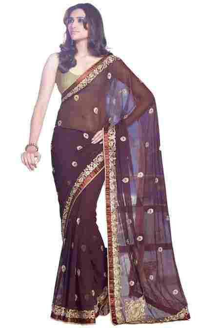 Aparnaa Brown Georgette Saree With Stone Work