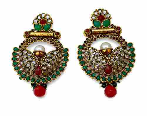 Maroon Green Beads Studded Bollywood Style Earrings
