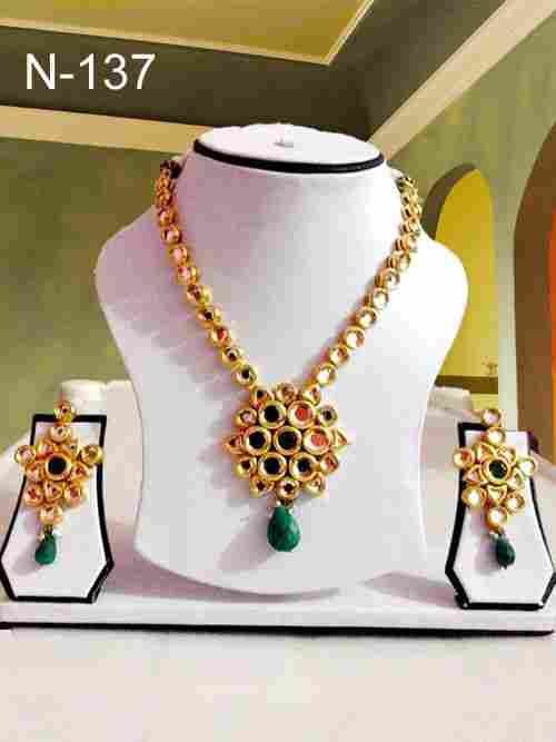 Kundan Meena Necklace With Earrings Gold Platted