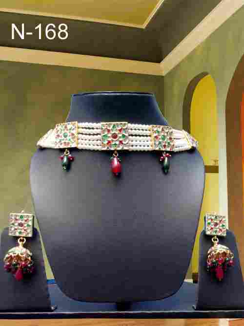 Red And Green Kundan Meena Long Necklace with Earrings