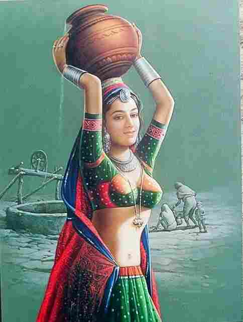 Rajasthani Lady Fetching Water To Home Painting