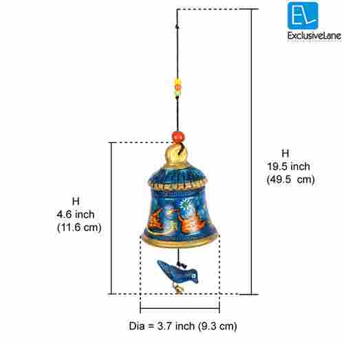 Terracotta Handpainted Hanging Bell With Bird Blue