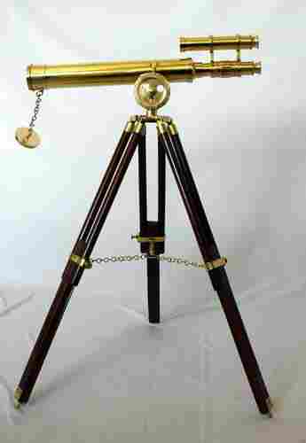 Double Barrel Brass Telescope With Wooden Tripod Stand