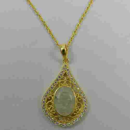 Charm Design Rainbow Moonstone Gemstone CZ Pendant Brass Chain Necklace
