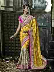Yellow Color Pure Crepe Jacquard Fabric Designer Saree