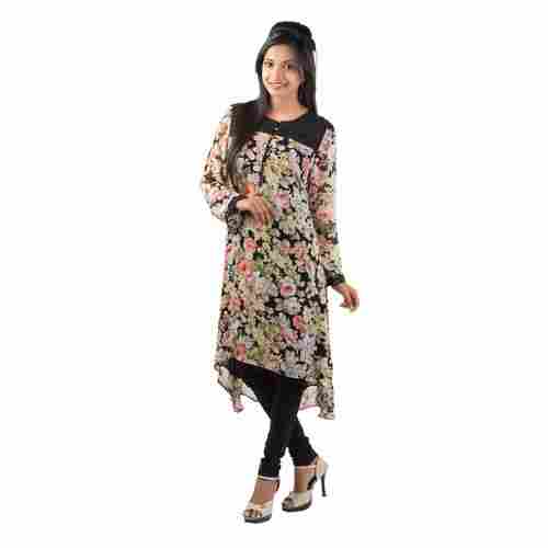 Women's Casual Wear Double Layer Black Brown Floral Print Georgette & Lace Fabric Kurta
