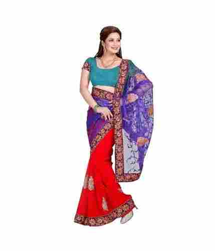 Blue And Red Nett And Marble Chiffone Saree