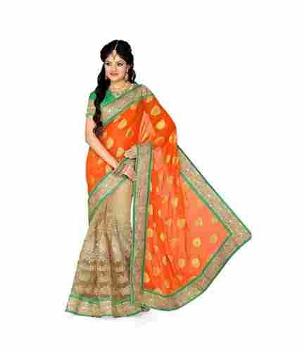 Orange And Beige Viscose Butti And Net Embroidered Saree