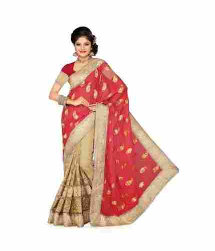 Peach And Beige Embroidered Saree
