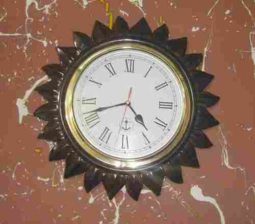 Sun Wooden Clock With Flat Round Glass And Brass Bezel