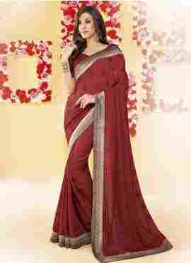 Maroon Silk Party Wear Saree with Printed Lace