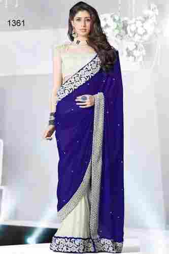 Blue And White Pearl Work Saree