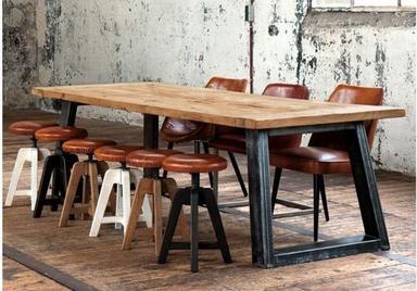 Industrial Rectangle Table With Wooden Top And Metal Base